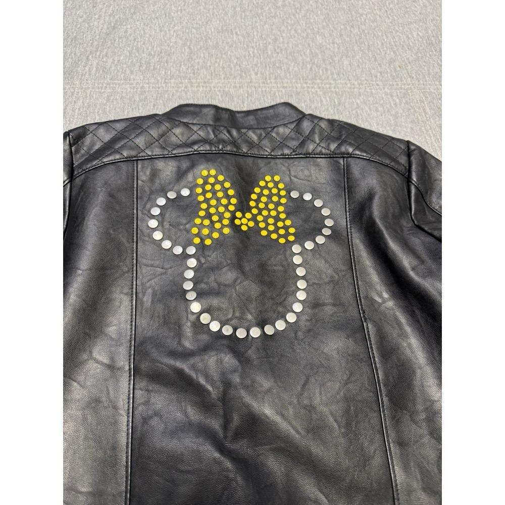 Disney Minnie Mouse Faux Leather Moto Jacket Black Studded Yellow Polka Dot 9/10